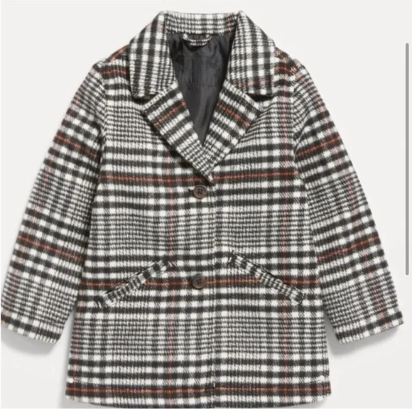 Old Navy Plaid Pea Coat Girls Black White Red Size 5T NWOT - Picture 2 of 8